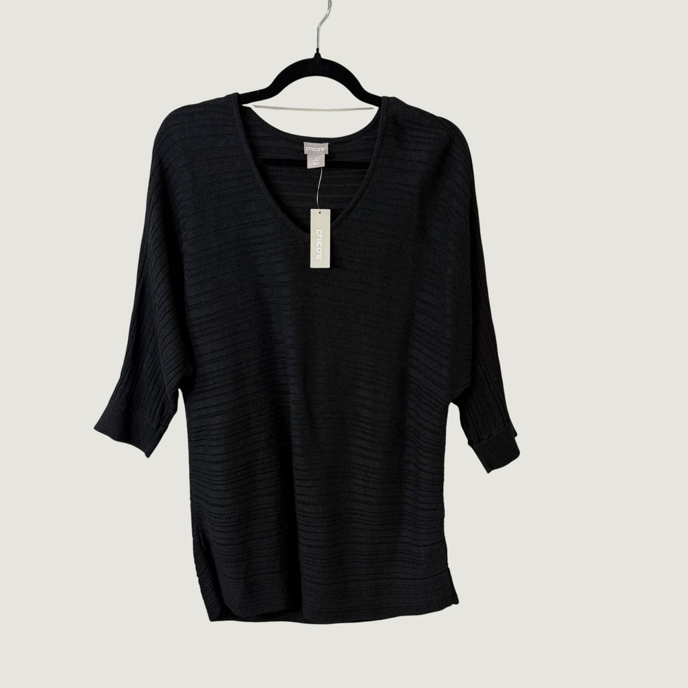 Chico's Black Ribbed V-Neck Sweater Sz 2 L Ramie Blend Minimalist Fall Layering